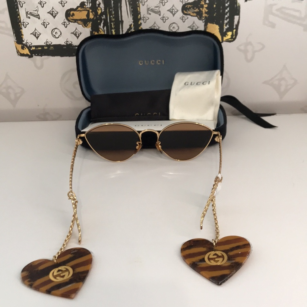 New Authentic Gucci GG0977S 002 Gold Cat-Eye Sunglasses Brown Lenses - Picture 7 of 11